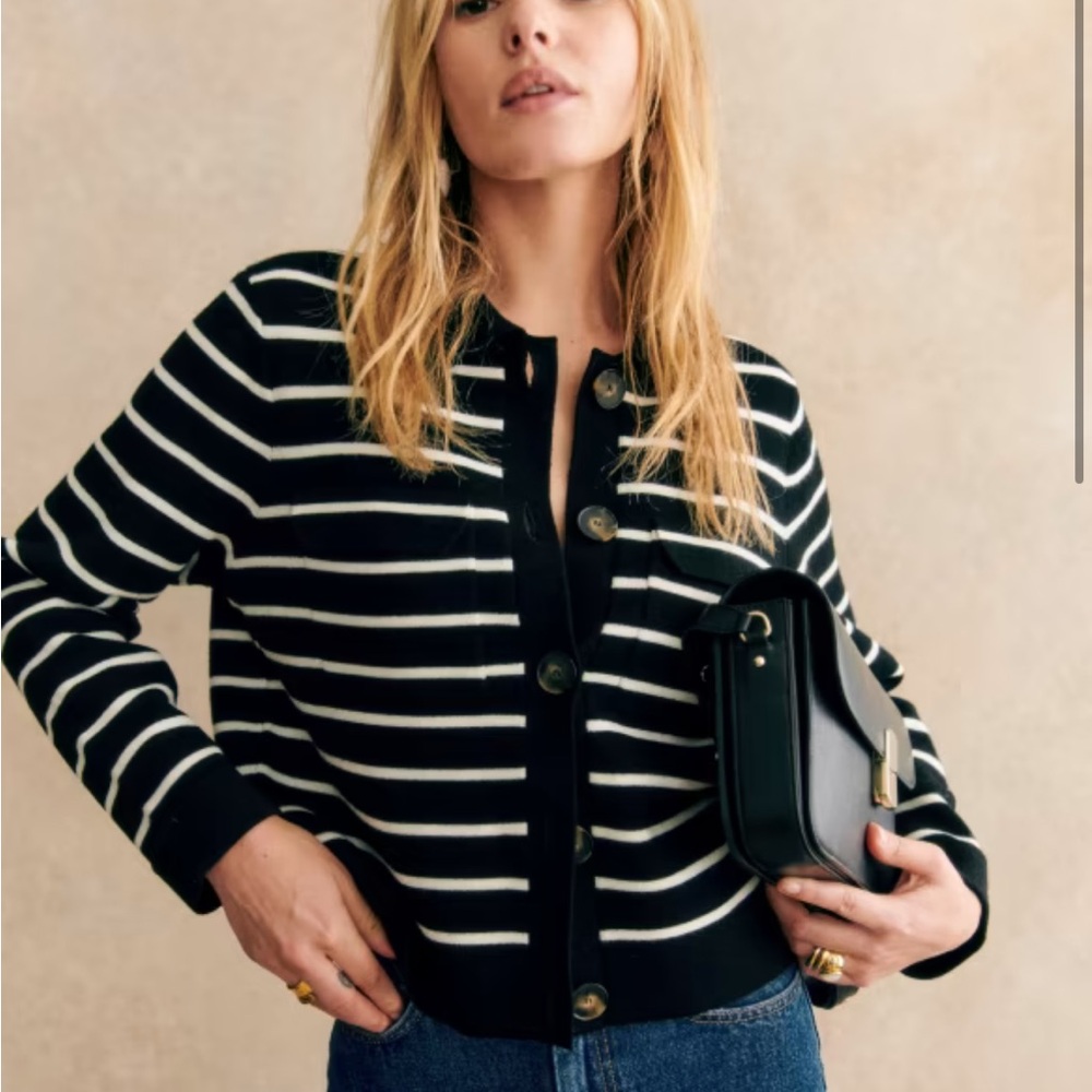 Sezane Betty Cardigan Black Ecru Stripes